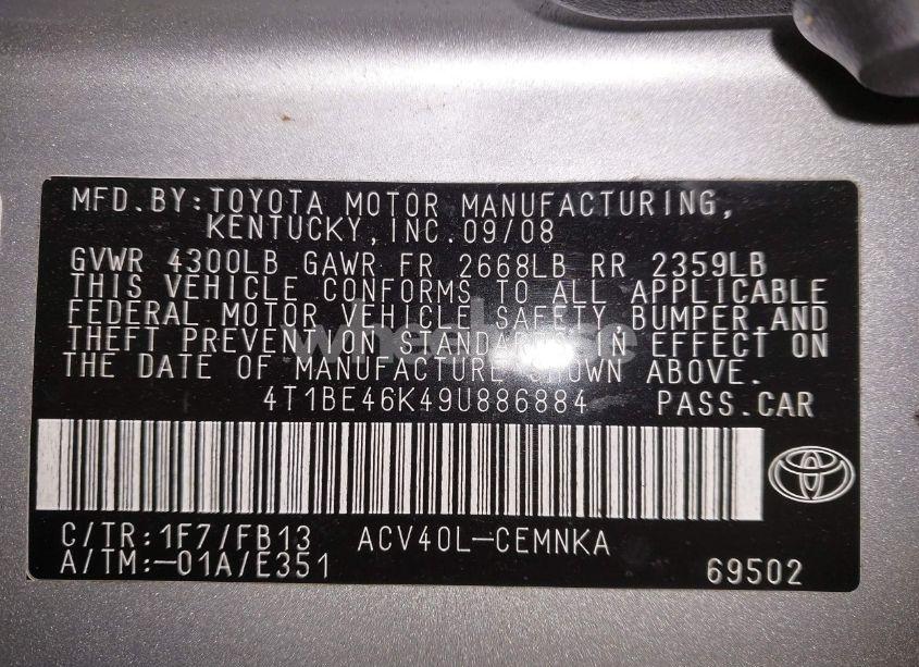 Photo 9 of 2009 Toyota Camry (VIN 4T1BE46K49U886884)