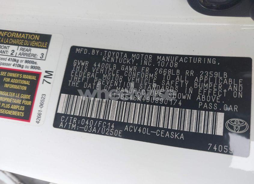 Photo 9 of 2009 Toyota Camry SE (VIN 4T1BE46K49U890174)