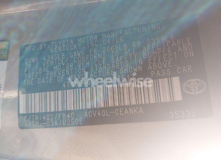 Photo 9 of 2007 Toyota Camry LE (VIN 4T1BE46K57U017613)