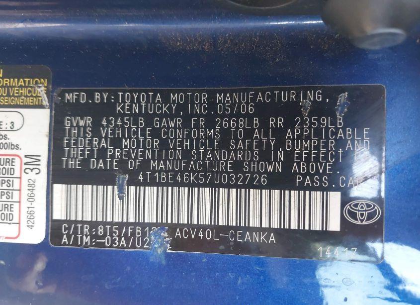 Photo 9 of 2007 Toyota Camry CE (VIN 4T1BE46K57U032726)