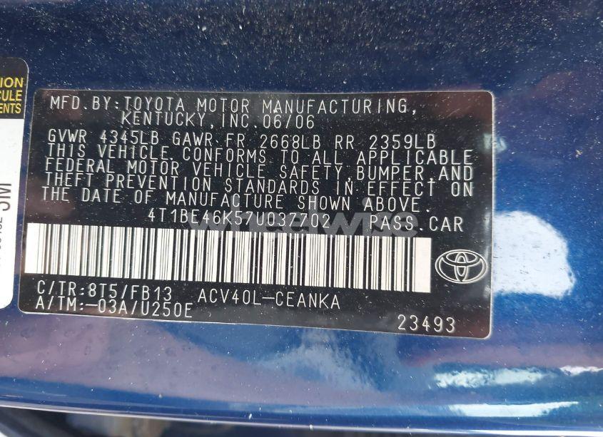 Photo 9 of 2007 Toyota Camry CE/LE/XLE/SE (VIN 4T1BE46K57U037702)