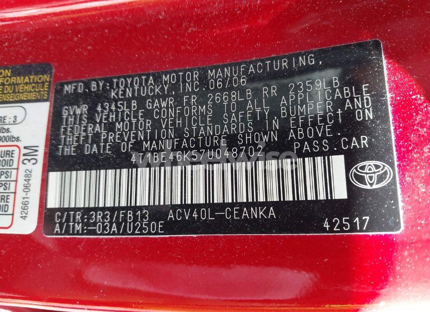 Photo 9 of 2007 Toyota Camry LE (VIN 4T1BE46K57U048702)