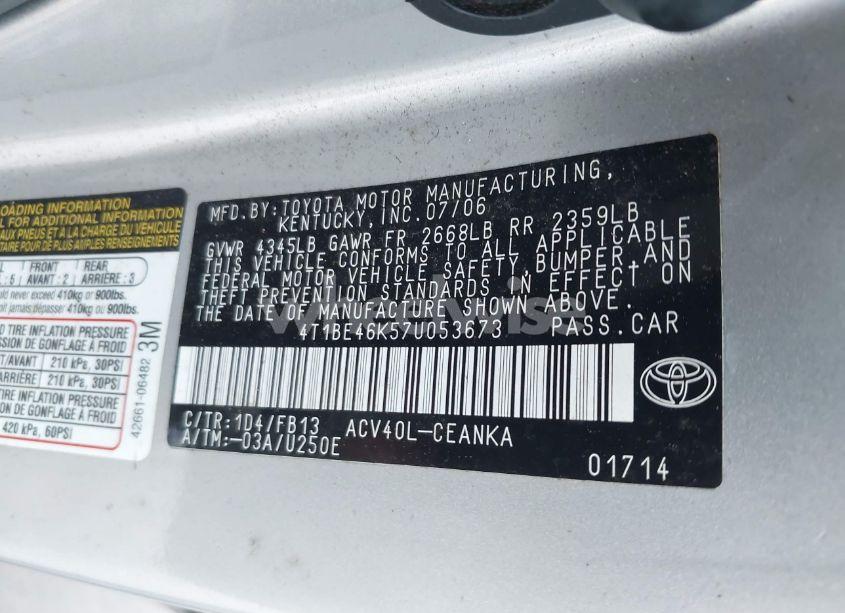 Photo 9 of 2007 Toyota Camry LE (VIN 4T1BE46K57U053673)