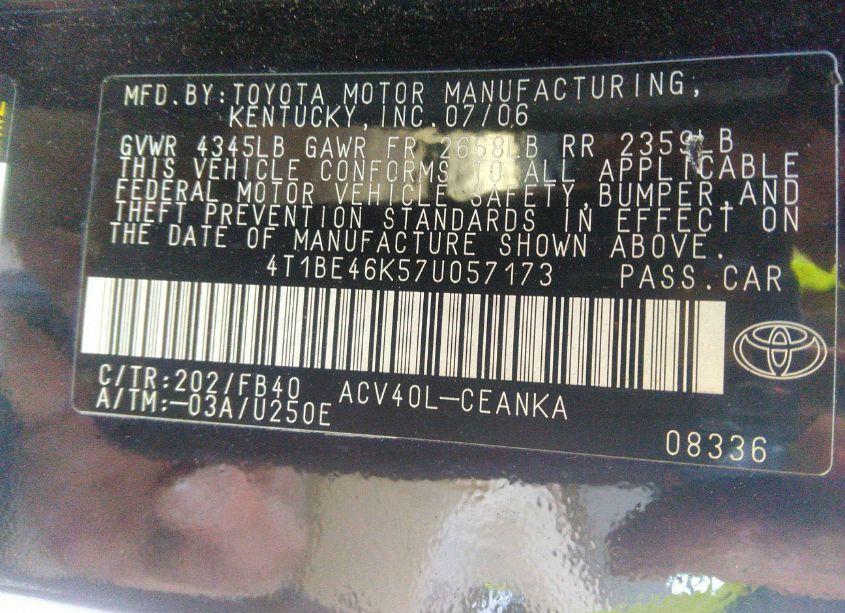 Photo 9 of 2007 Toyota Camry LE (VIN 4T1BE46K57U057173)