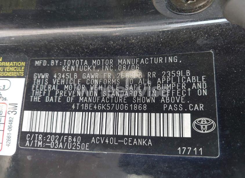 Photo 9 of 2007 Toyota Camry CE (VIN 4T1BE46K57U061868)