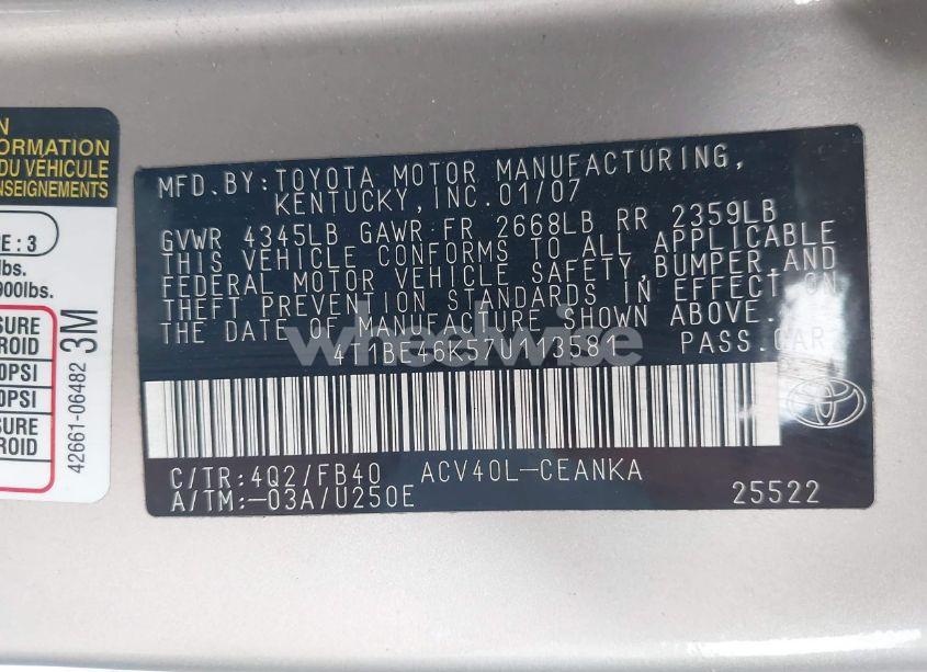 Photo 9 of 2007 Toyota Camry LE (VIN 4T1BE46K57U113581)