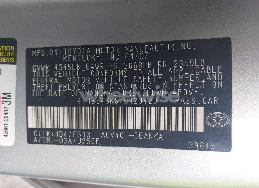 Photo 9 of 2007 Toyota Camry LE (VIN 4T1BE46K57U120420)