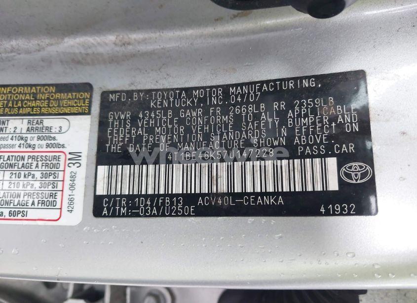 Photo 9 of 2007 Toyota Camry LE (VIN 4T1BE46K57U147228)