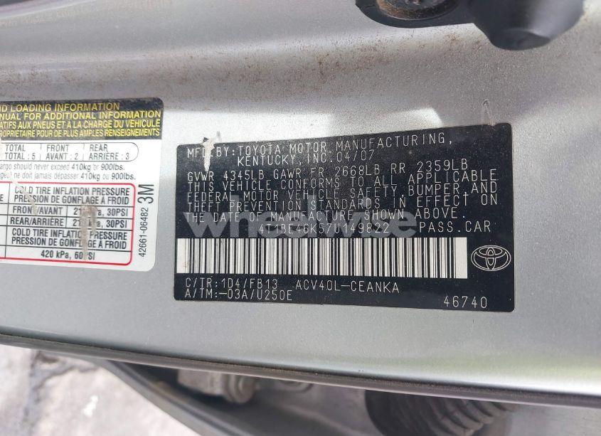 Photo 9 of 2007 Toyota Camry LE (VIN 4T1BE46K57U149822)