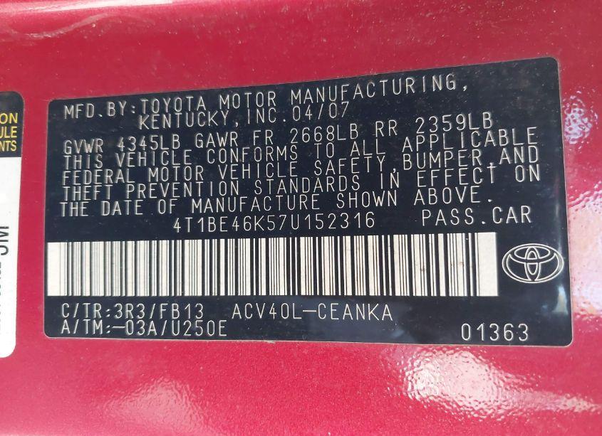 Photo 9 of 2007 Toyota Camry LE (VIN 4T1BE46K57U152316)