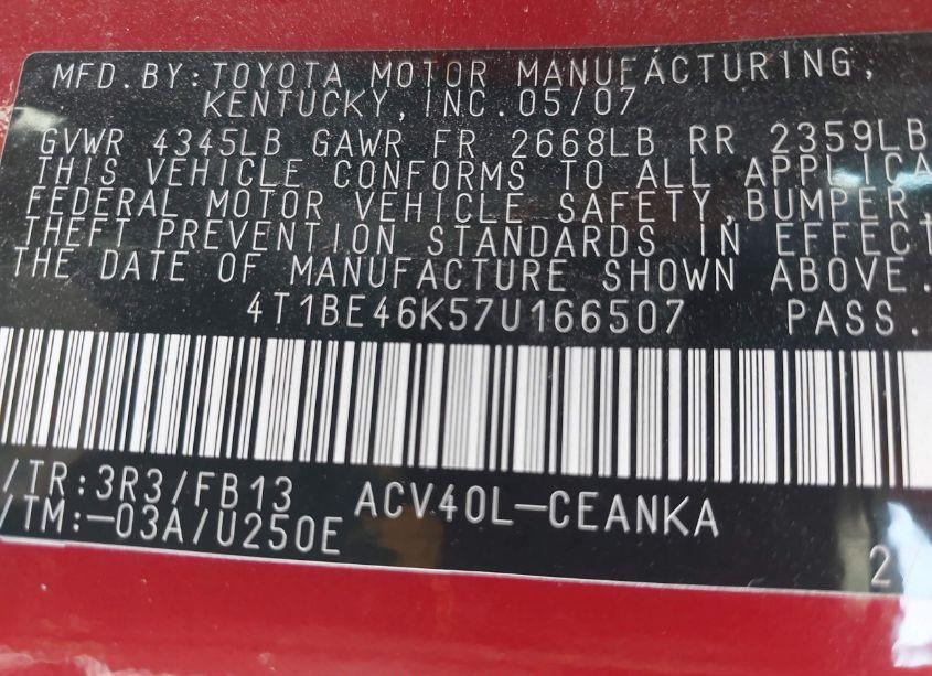 Photo 9 of 2007 Toyota Camry LE (VIN 4T1BE46K57U166507)