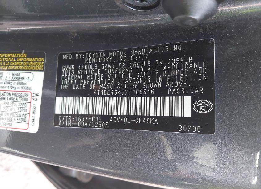 Photo 9 of 2007 Toyota Camry SE (VIN 4T1BE46K57U168516)