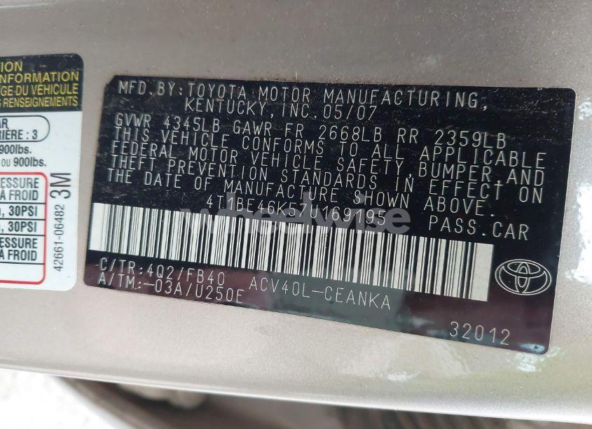 Photo 9 of 2007 Toyota Camry LE (VIN 4T1BE46K57U169195)