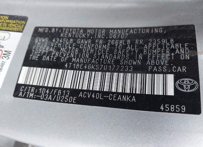 Photo 9 of 2007 Toyota Camry LE (VIN 4T1BE46K57U177233)