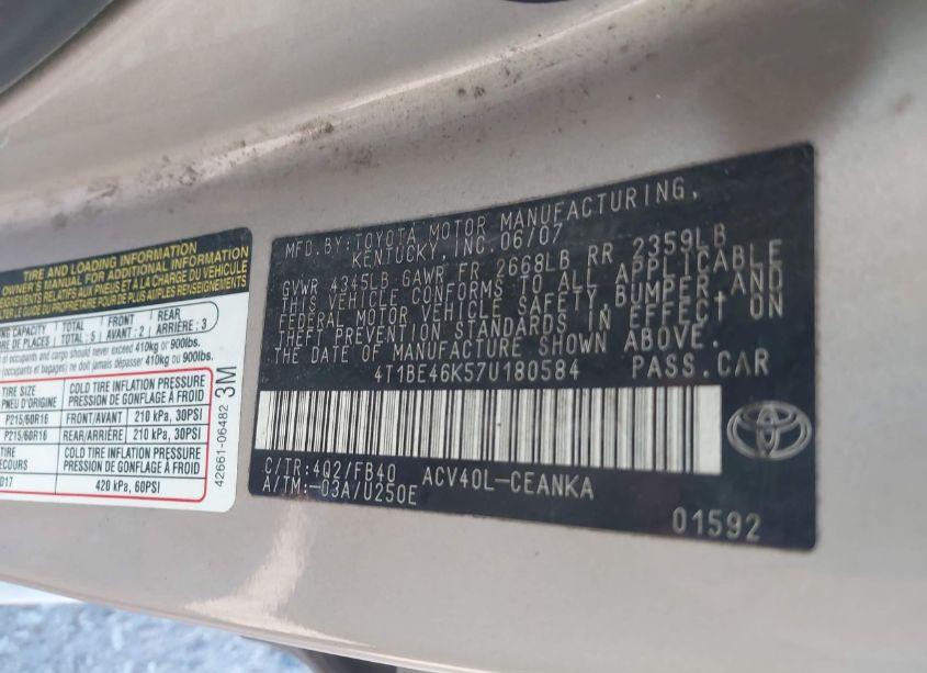 Photo 9 of 2007 Toyota Camry LE (VIN 4T1BE46K57U180584)