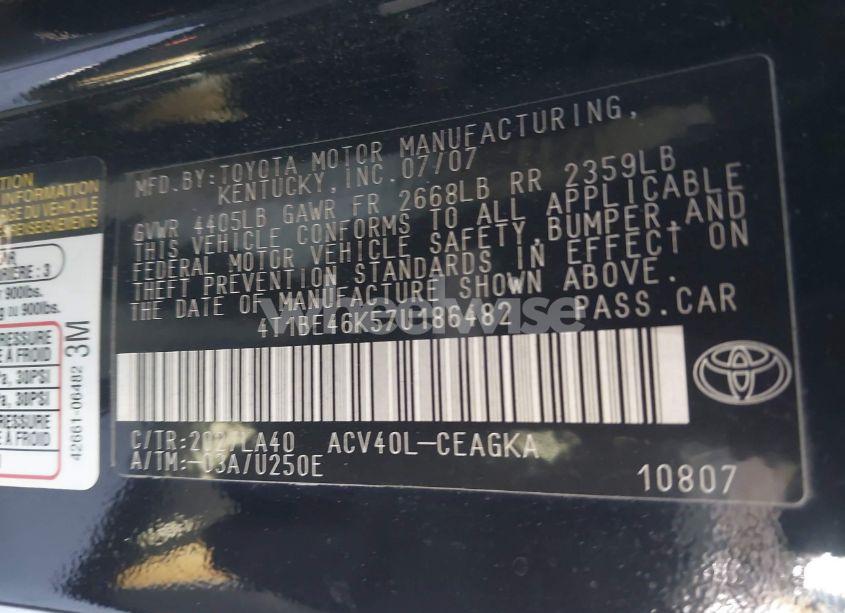 Photo 9 of 2007 Toyota Camry XLE (VIN 4T1BE46K57U186482)