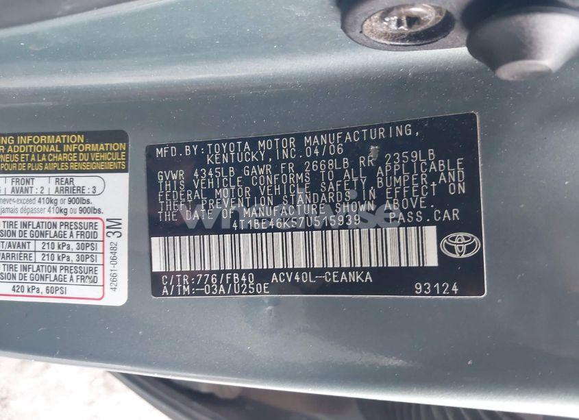 Photo 9 of 2007 Toyota Camry LE (VIN 4T1BE46K57U515939)