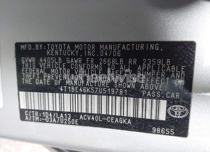 Photo 9 of 2007 Toyota Camry XLE (VIN 4T1BE46K57U519781)