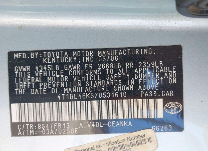 Photo 9 of 2007 Toyota Camry LE (VIN 4T1BE46K57U531610)