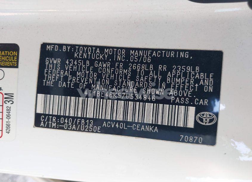 Photo 8 of 2007 Toyota Camry LE (VIN 4T1BE46K57U534846)