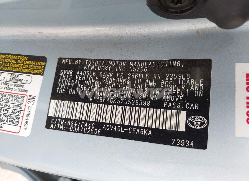 Photo 9 of 2007 Toyota Camry XLE (VIN 4T1BE46K57U536998)