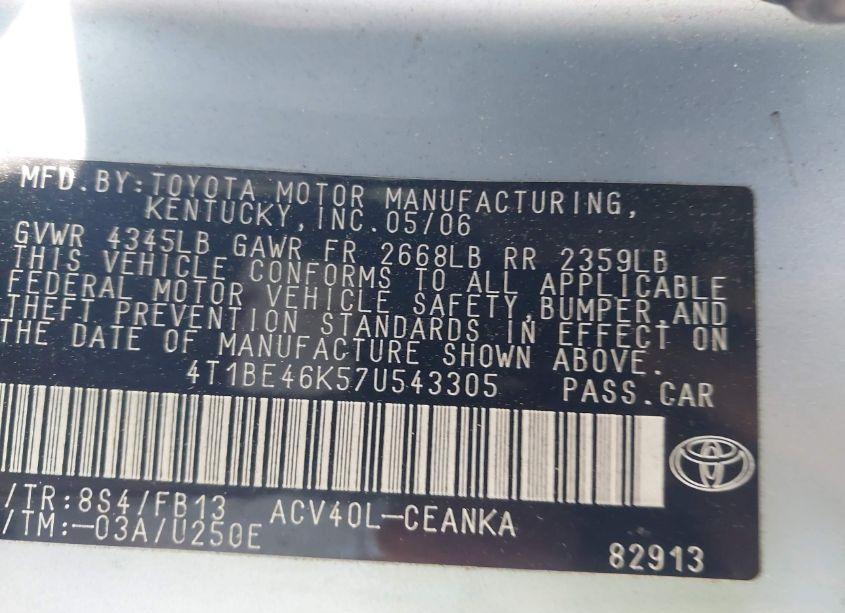 Photo 9 of 2007 Toyota Camry LE (VIN 4T1BE46K57U543305)