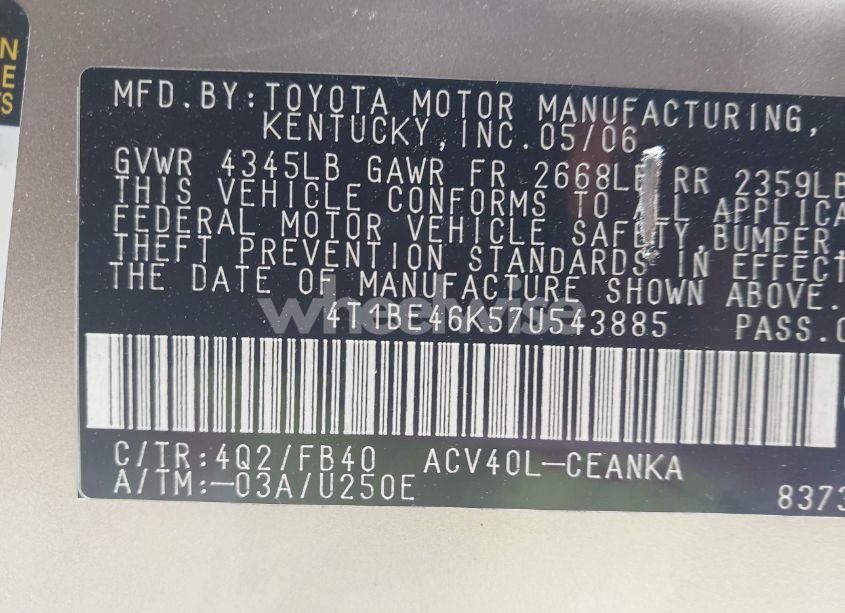 Photo 9 of 2007 Toyota Camry LE (VIN 4T1BE46K57U543885)