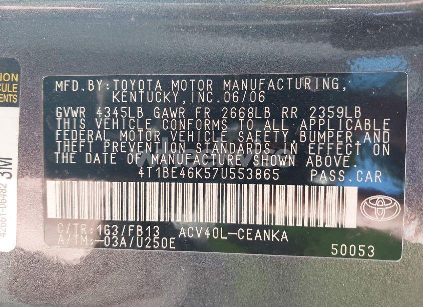 Photo 9 of 2007 Toyota Camry LE (VIN 4T1BE46K57U553865)