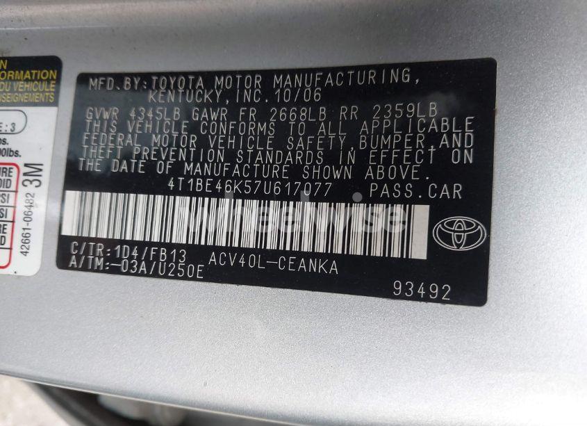 Photo 9 of 2007 Toyota Camry LE (VIN 4T1BE46K57U617077)