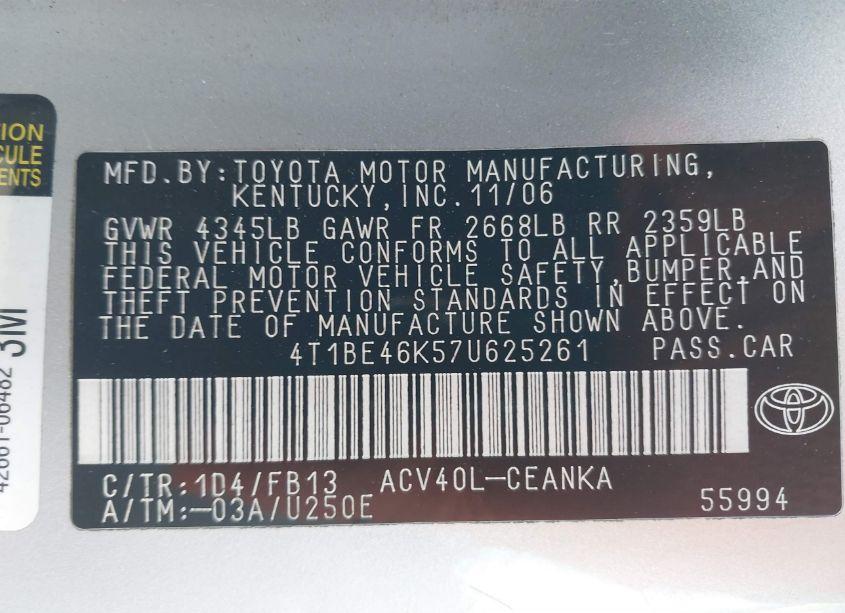 Photo 9 of 2007 Toyota Camry LE (VIN 4T1BE46K57U625261)