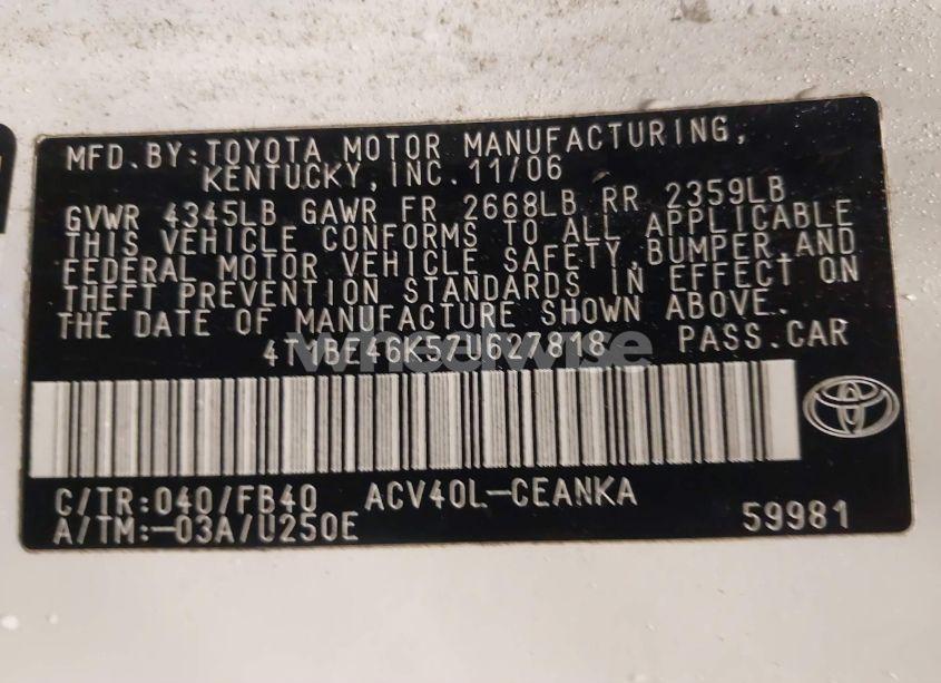 Photo 9 of 2007 Toyota Camry LE (VIN 4T1BE46K57U627818)