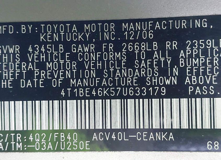 Photo 9 of 2007 Toyota Camry LE (VIN 4T1BE46K57U633179)