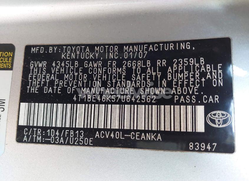 Photo 9 of 2007 Toyota Camry CE (VIN 4T1BE46K57U642562)