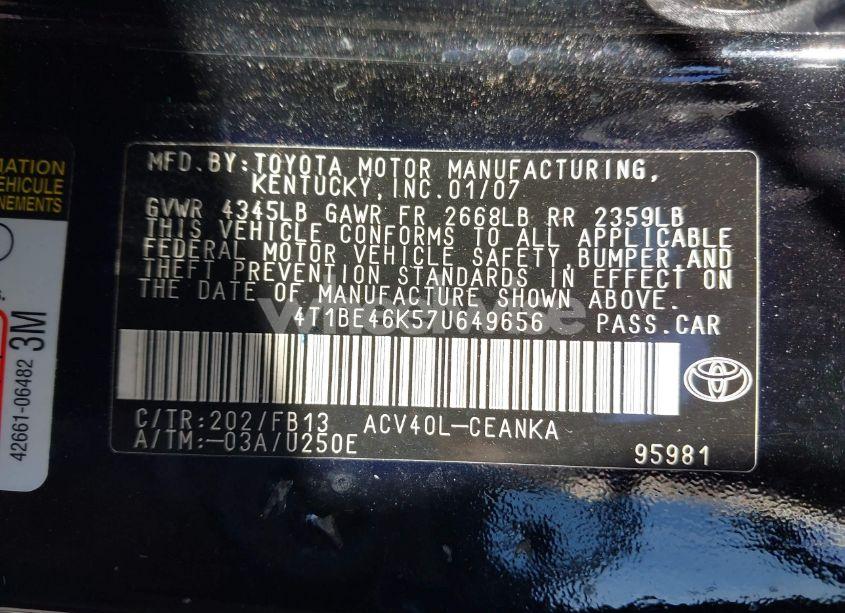 Photo 9 of 2007 Toyota Camry LE (VIN 4T1BE46K57U649656)