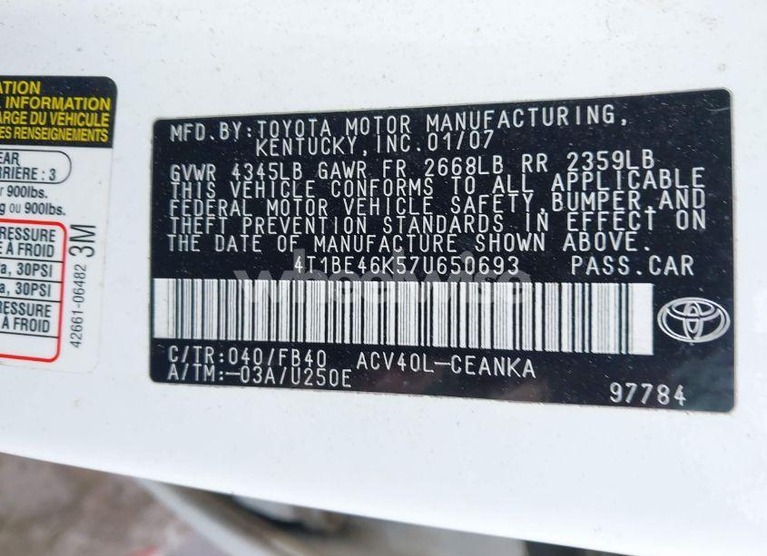 Photo 9 of 2007 Toyota Camry LE (VIN 4T1BE46K57U650693)