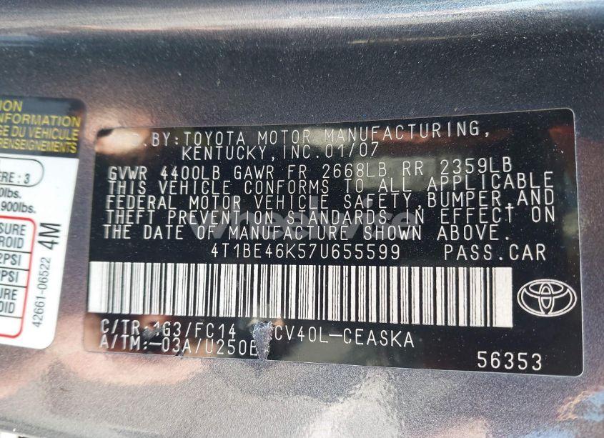 Photo 9 of 2007 Toyota Camry SE (VIN 4T1BE46K57U655599)