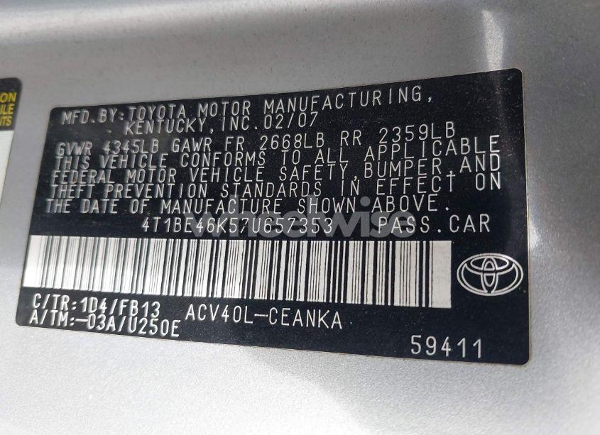Photo 9 of 2007 Toyota Camry CE/LE/SE/XLE (VIN 4T1BE46K57U657353)