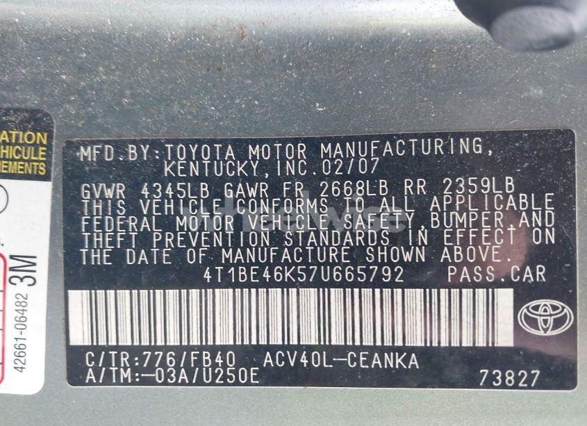 Photo 9 of 2007 Toyota Camry LE (VIN 4T1BE46K57U665792)