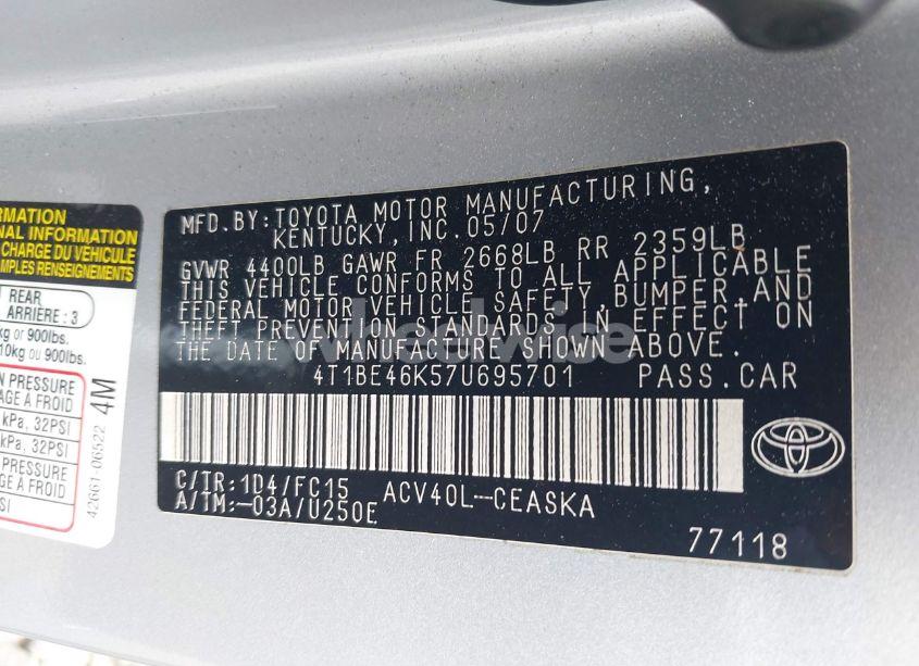 Photo 9 of 2007 Toyota Camry SE (VIN 4T1BE46K57U695701)