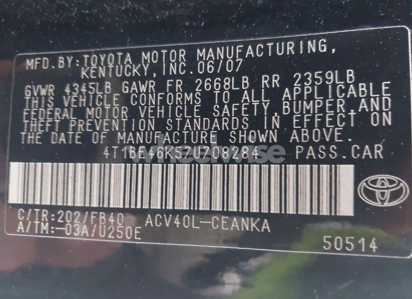 Photo 9 of 2007 Toyota Camry LE (VIN 4T1BE46K57U708284)