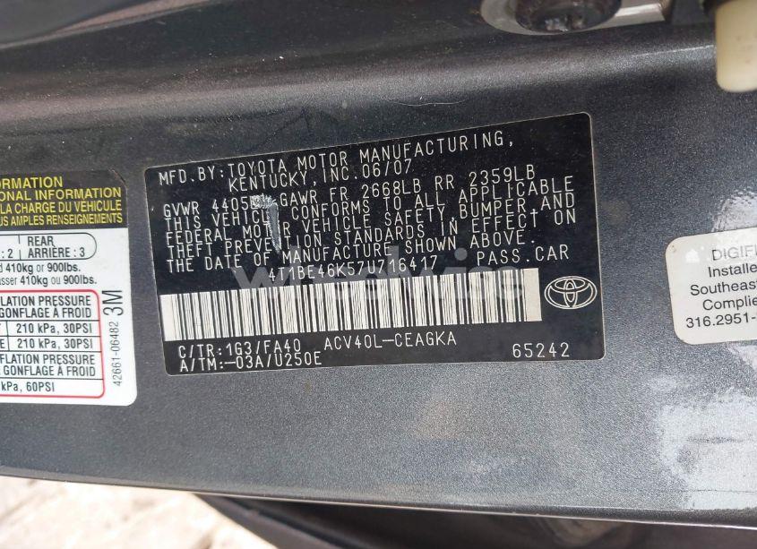 Photo 9 of 2007 Toyota Camry XLE (VIN 4T1BE46K57U716417)
