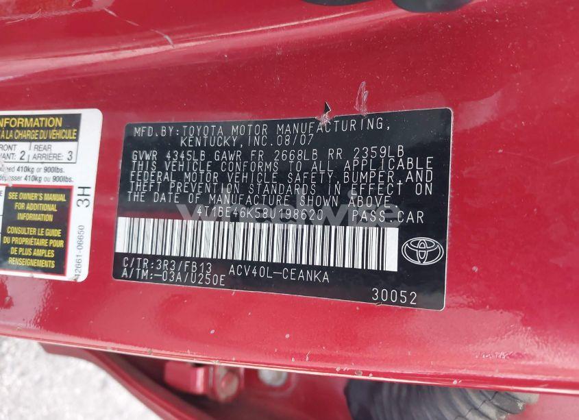 Photo 9 of 2008 Toyota Camry LE (VIN 4T1BE46K58U198620)