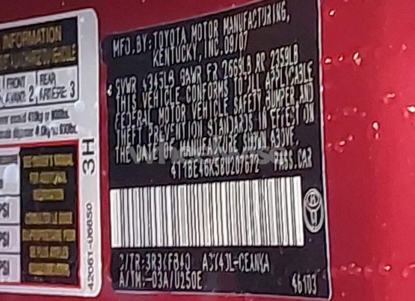 Photo 9 of 2008 Toyota Camry LE (VIN 4T1BE46K58U207672)