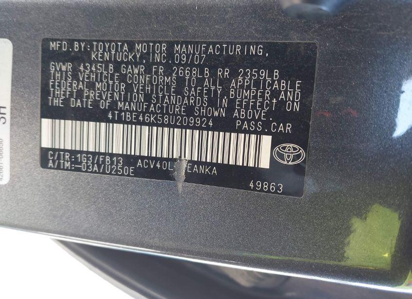 Photo 9 of 2008 Toyota Camry LE (VIN 4T1BE46K58U209924)