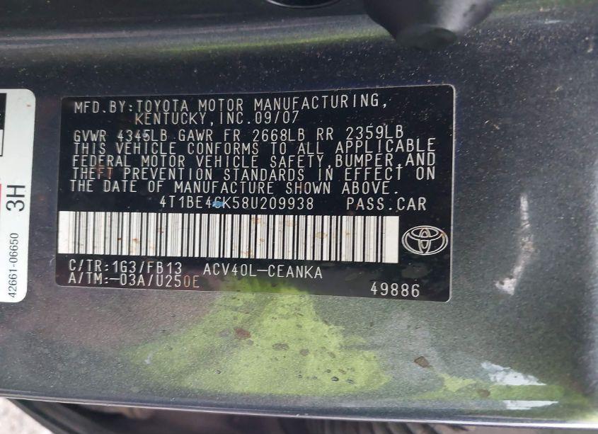 Photo 9 of 2008 Toyota Camry LE (VIN 4T1BE46K58U209938)