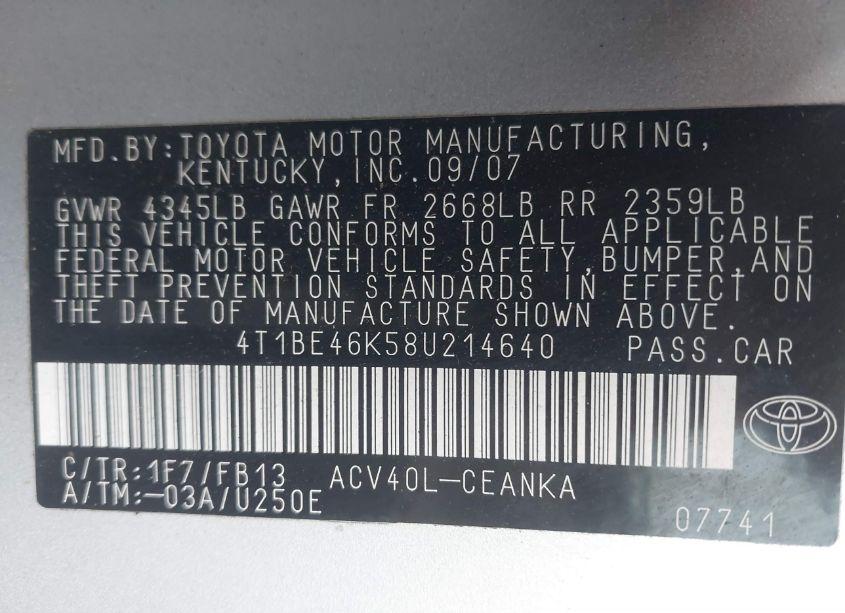 Photo 9 of 2008 Toyota Camry (VIN 4T1BE46K58U214640)