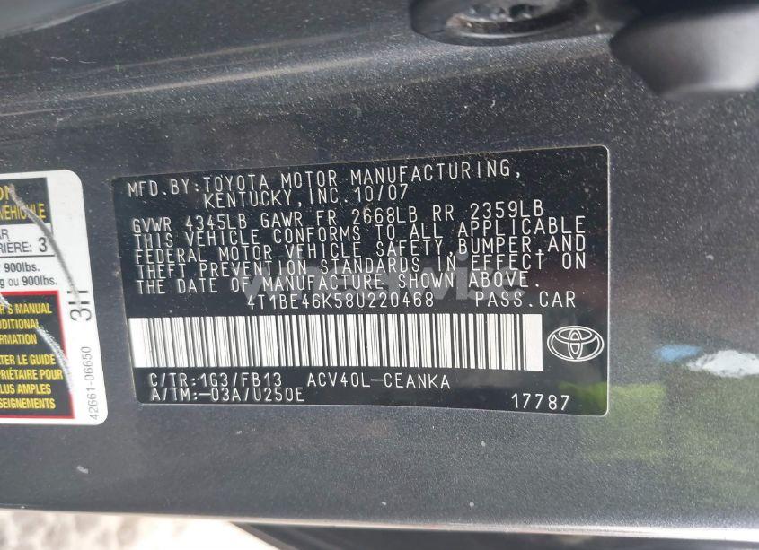 Photo 9 of 2008 Toyota Camry LE (VIN 4T1BE46K58U220468)