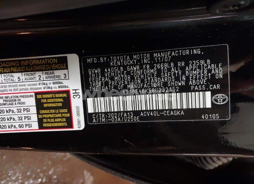 Photo 9 of 2008 Toyota Camry XLE (VIN 4T1BE46K58U232152)