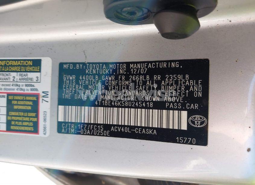 Photo 9 of 2008 Toyota Camry SE (VIN 4T1BE46K58U245418)