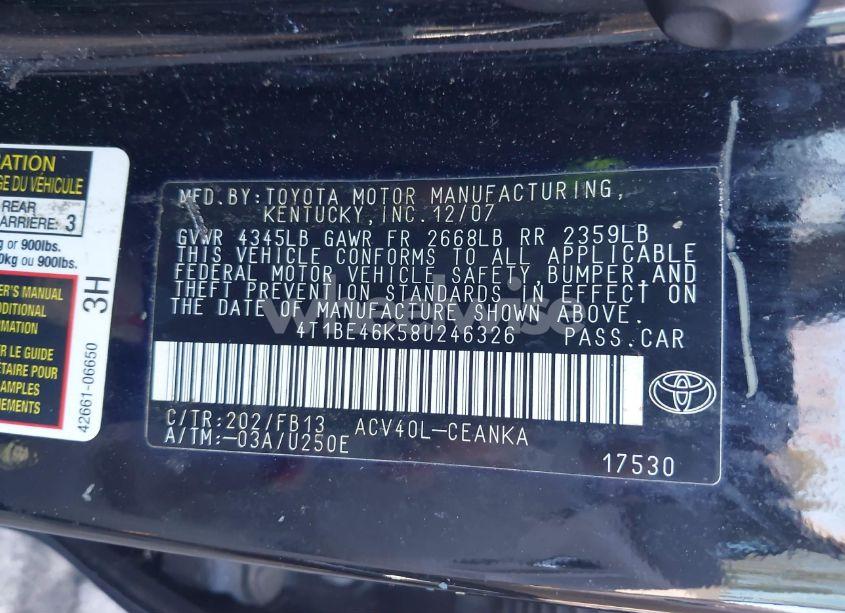 Photo 9 of 2008 Toyota Camry (VIN 4T1BE46K58U246326)